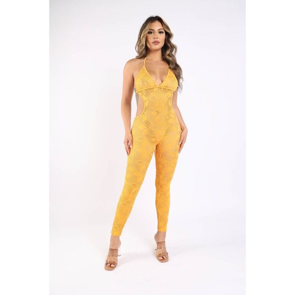 Boutique Pants - Women's Sexy Lace Cut Out Detailed Halter Jumpsuit Casual Party Club Pullover